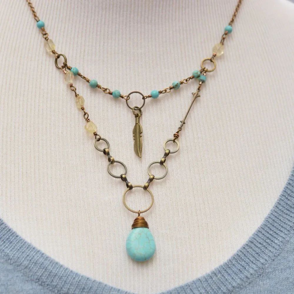 Boho Necklace with Turquoise and Citrine Stones